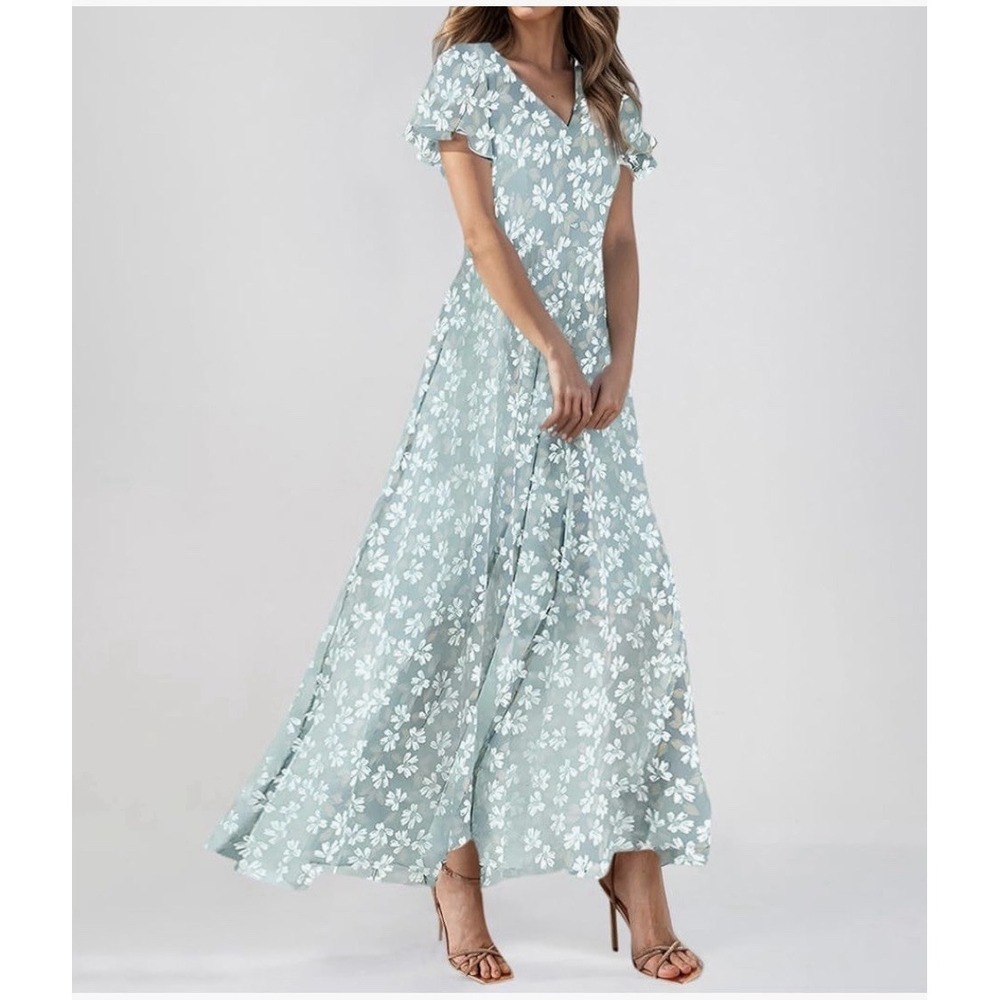 Womens 2XL Chiffon Maxi Dress V-Neck Empire Waist Lined Short Sleeve Mint Green